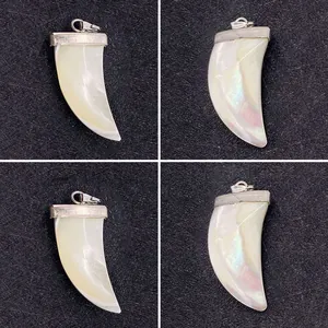 Natural Seawater Shell Tooth Shape Pendant DIY Jewelry Making Mother Of Pearl Charm For Necklace Bracelet Polished White Shell With Silver Metal Cap