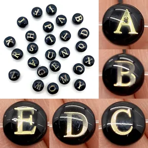 Natural Sea Shell Beads 8mm Round Alphabet Shell Beads Black Gold Initial Beads For DIY Jewelry Making Necklace Bracelet Accessories