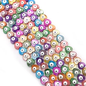 Natural heart shell beads with colorful evil eye patterns for DIY necklace and bracelet