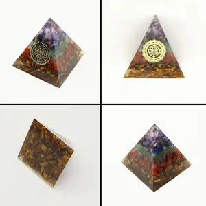 Natural Tiger Eye Amethyst Orgonite Pyramid Resin Ornament With Sri Yantra Metal Symbol For Meditation Home Office Decor