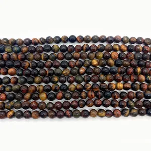 Polished natural tiger eye stone beads in blue, red and gold for DIY jewelry making