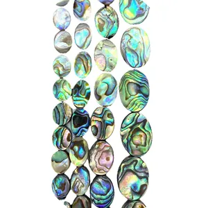 Natural abalone shell beads in flat oval shape with rainbow iridescent colors for DIY jewelry