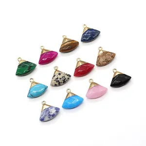 Natural gemstone fan-shaped pendants with gold-plated edges in various vibrant colors
