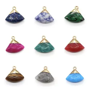 Nine natural gemstone fan-shaped pendants with golden metal caps and faceted textures