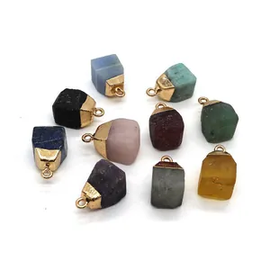 Set of 10 natural raw stone pendants with gold metal caps including rose quartz and lapis