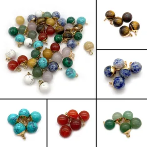 Natural Stone Round Ball Pendant Charm With Gold Plated Alloy Cap For DIY Necklace Bracelet Jewelry Making Malachite Turquoise Accessory
