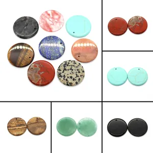 Natural Stone Round Flat Pendant 30mm Watermelon Crystal Tiger Eye Lapis Lazuli For DIY Necklace Earring Jewelry Making Accessory