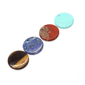 Set of 4 polished round natural stone pendants including tiger eye and lapis lazuli for DIY