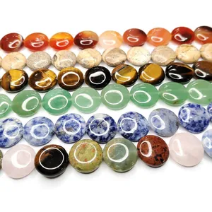 Flat round natural gemstone beads in tiger eye and agate for DIY jewelry making