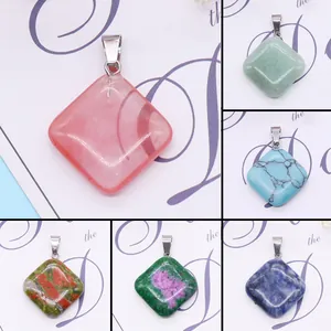 Natural Stone Rhombus Pendant For DIY Necklace Jewelry Making Polished Crystal Agate Quartz Pendant Only (Without Chain)