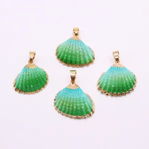 Natural shell scallop pendants with green to blue gradient and gold plated edges
