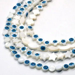 Perles en nacre naturelle avec motif œil bleu en diverses formes pour création bijoux