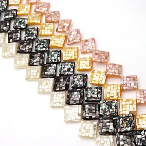 Natural shell mosaic square beads with iridescent luster for DIY jewelry making