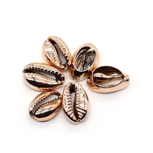 Macro detail of six golden electroplated cowrie shells for DIY jewelry making