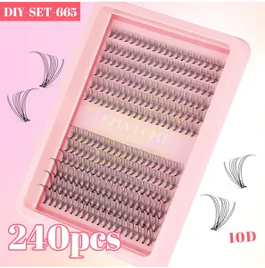 Detail van 240 clusters 10D DIY-wimperverlengingsset in roze tray met D-curl volumeafwerking