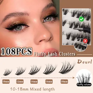 Macro view of 108pcs D curl lash clusters with lengths ranging from 10mm to 18mm