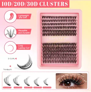 Detailoverzicht van individuele cluster wimperverlengingsset met 10D 20D 30D D-krul wimpers