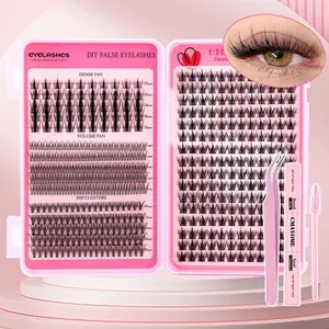 Kit de extensión de pestañas DIY con pinzas y pegamento en fondo rosa