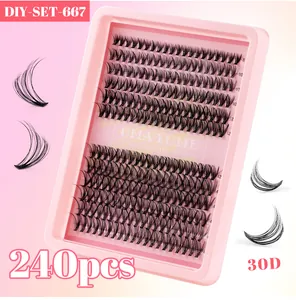 Detail van 240 stuks 30D DIY cluster lash extensions met 8-14mm mix lengtes tray