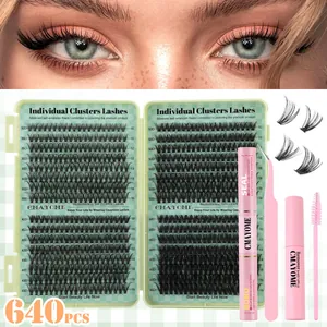 DIY eyelash extension kit with 640 clusters including bond seal remover and pink tweezers