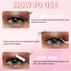 Three-step application guide for DIY lash clusters using bond, tweezer, and seal on pink background