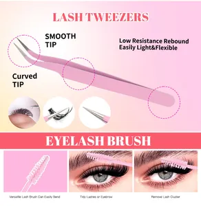 Details van de roze wimperverlengingsset met gebogen pincet en flexibele spiraalborstel