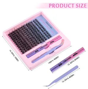 Tableau des tailles du kit d'extension de cils DIY avec 144 bouquets, colle et pince