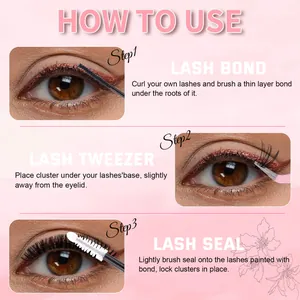 Three-step eyelash kit guide showing lash bond, tweezer application, and seal for volume