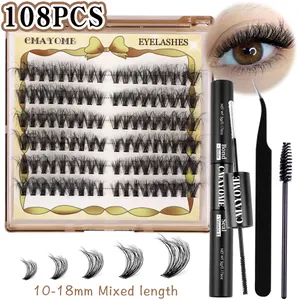Eyelash extension kit with 108 clusters, mixed 10-18mm lengths, glue and tweezers