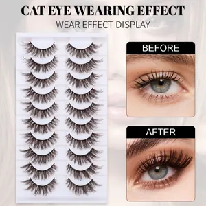 Brown False Eyelashes 3D Fluffy Cat Eye Natural Long Thick Lashes Synthetic Fiber Reusable Makeup Lashes
