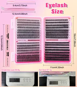Tableau des tailles de cils 8-16mm avec colle, brosse et pince à épiler