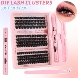 DIY individual cluster lash extensions kit with pink tweezers and dual-ended bond and seal glue