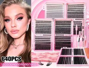 DIY eyelash extension kit with 640 clusters bond and seal glue and pink applicator tool