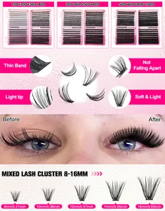 Macro detail of 32 rows mixed cluster lashes with thin band and soft 8-16mm fibers