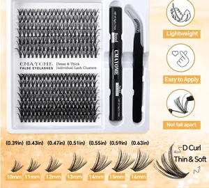 Dettaglio kit ciglia DIY con 7 file D curl, colla bond & seal e pinzette di precisione