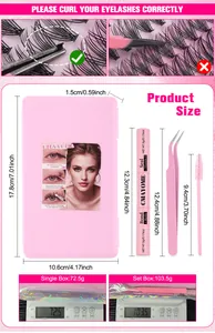DIY eyelash kit detail showing pink tweezers, double-sided glue, and segmented lash clusters