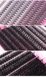 Macro view of 32 rows mixed volume D-curl lash extensions in pink tray for DIY set