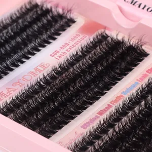 Macro detail of 60D 80D 100D mixed fluffy volume cluster lashes in pink case