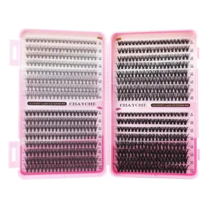 DIY cluster lash extension kit with 32 rows of dense D-curl synthetic black eyelashes