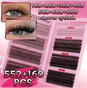 Detailed 712 clusters DIY eyelash extension kit showing various 10D-80D densities