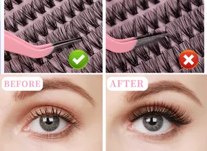 Gids voor DIY clusterwimpers met pincettechniek en voor-en-na resultaat van de wimperverlenging