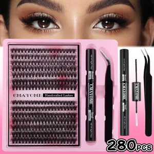 Handgefertigtes Set Für Einzelne Wimpernverlängerung Aus Synthetikfaser Segmentierte Cluster-Wimpern Mit Doppelseitigem Lash Bond Und Seal Kleber Und Pinzette Für Damen Makeup