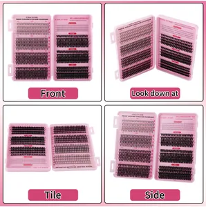 Detailed views of professional DIY cluster eyelash extension kit in pink flip box
