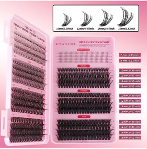 Detailed chart of cluster lash extensions showing 10D to 40D density and 5-16mm lengths