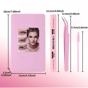 Detailed view of pink DIY lash extension kit with dimensions for glue, tweezers and brush