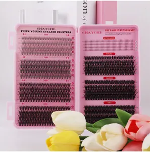 Detailed DIY eyelash extension kit showing various lengths from 5mm to 18mm in a pink box