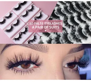 Details verschiedener 8D-falscher Wimpernstile und Nahaufnahme der Wimpernanwendung