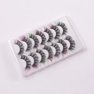 Macro detail of 7 pairs of colorful Russian D-curl false eyelashes in a gradient design