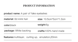 Detaillierte Spezifikationstabelle für 8D-Faux-Mink-Wimpern mit Größe, Gewicht und Merkmalen
