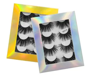 Macro view of 6D synthetic eyelashes set showing dense fibers and holographic packaging